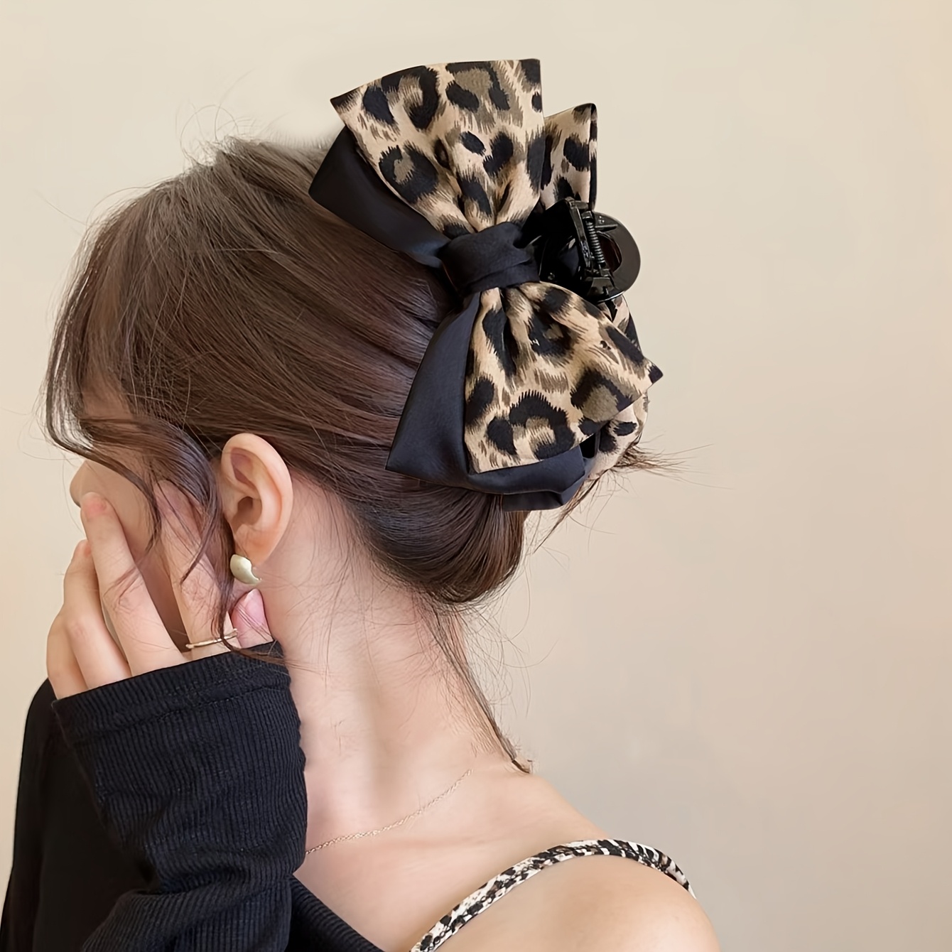 1pc elegant double layer leopard print bow hair claw clip vintage style fabric accessory for women ideal for ponytails and buns