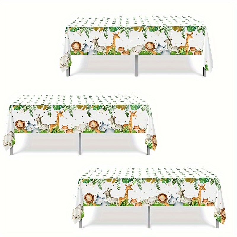 

3pcs, Jungle Animals Disposable Tablecloth, Happy Birthday Party Decorations Wild 1 1st Birthday Supplies, 220*130cm Safari Table Cloth, Green Forest Plastic Table Cover Decor