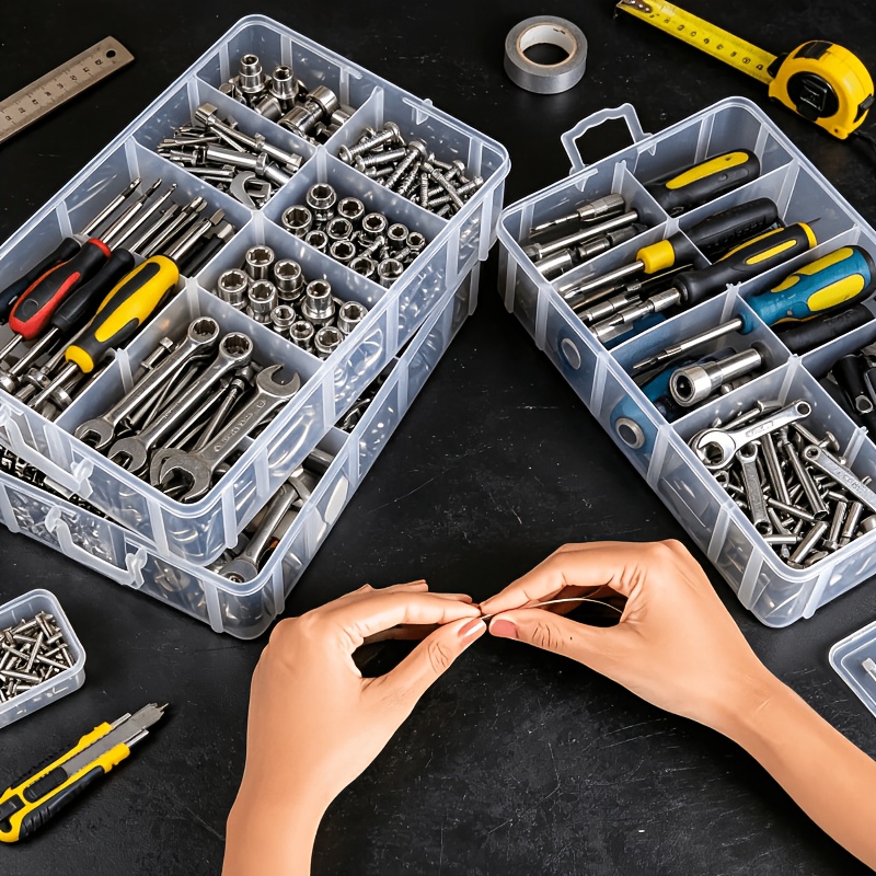 7pcs Set: 6 Containers with 1 Lid, Transparent Storage Box with Lid and Handle, Snap Closure Design, Clear Tool Organizer, Household Screw, Wrench, and Hardware Accessories Sorting Box, Storage Container, Portable Divided Organizer Tray