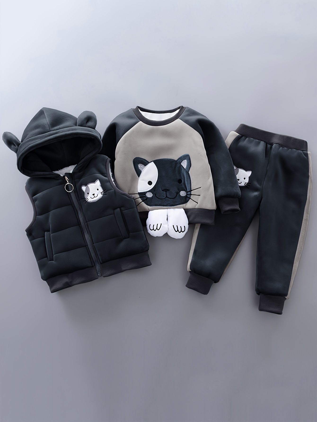 cute cartoon cat three piece set for babies in autumn and winter featuring a thickened hoodie pants and a stylish vest with a hood for outdoor Product details 10