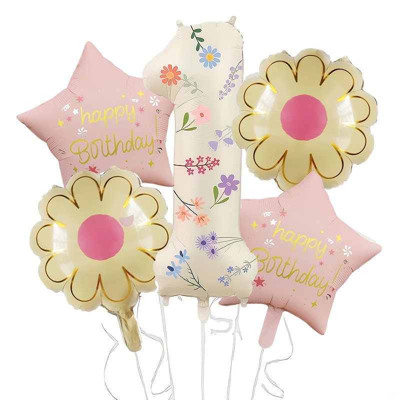 Image of 6pcs Cream Floral Number 1-9 Foil Balloon Set, Daisy Flower And Star Balloons, Spring Birthday Party Decorations, Anniversary Photo Backdrop Decor, Birthday Party Supplies, For Halloween, Christmas