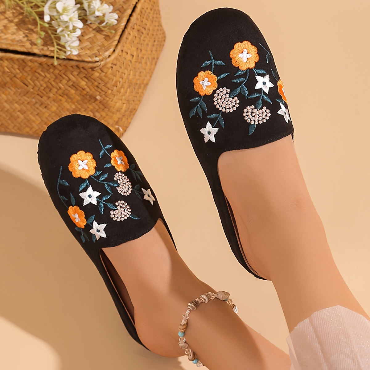 women s floral embroidered slippers white blue Temu Oman