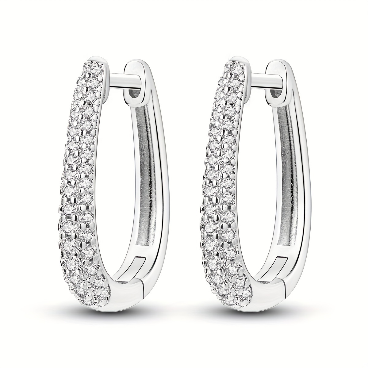 TEMU Original 925 Pure Silvery Low Allergy High Quality Women's Ring Earrings Plated With 18k White U-shaped Zirconia Dense Setting Luxury Elegant Women's Jewelry Gift 3g