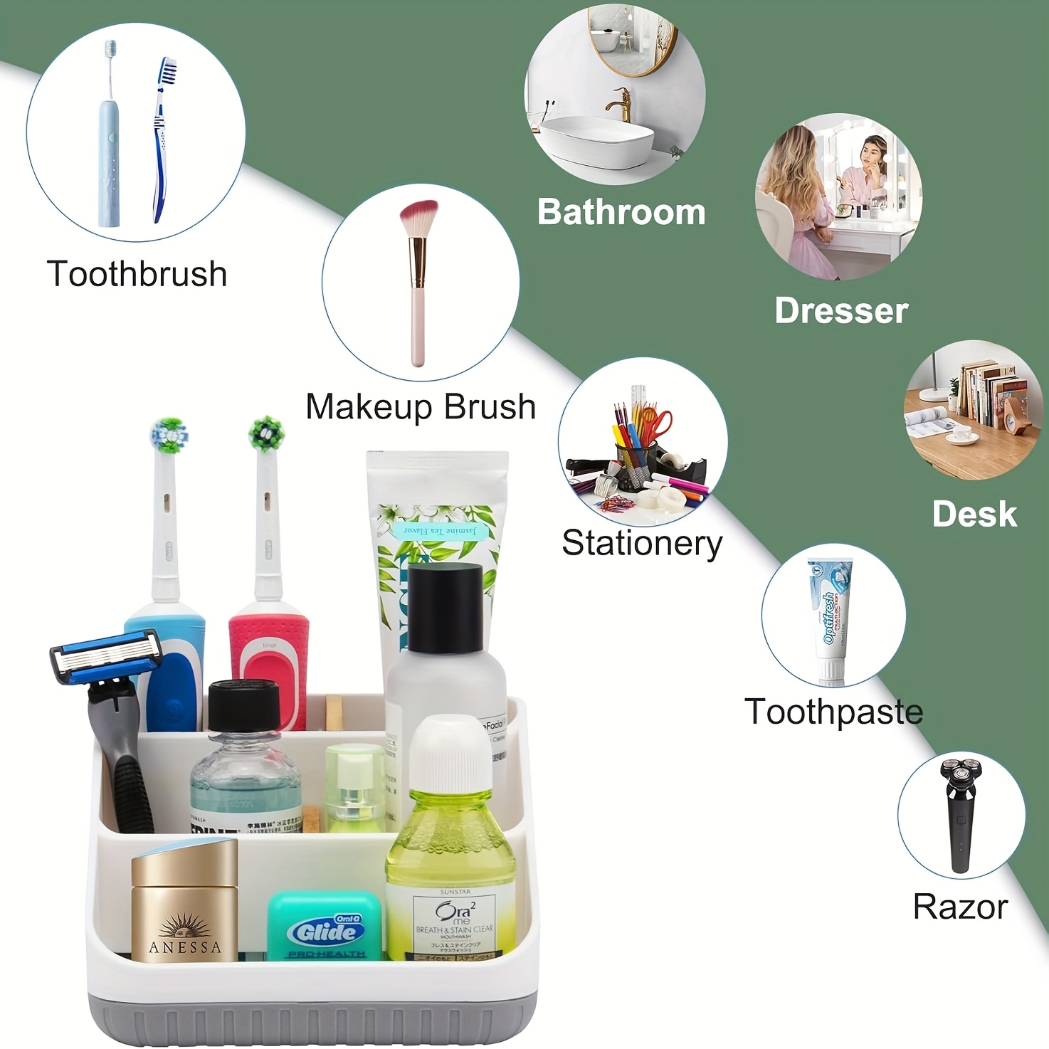 Tandenborstelhouders voor badkamers, 5 sleuven tandenborstelorganizer met antislip bodem, afneembare plastic elektrische tandenborstel en tandpastahouder eenvoudige reiniging multifunctionele opbergdoos L-blauw