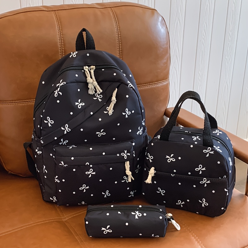 TEMU 1 Set Lanshiya 3pcs Backpack System - Sweet Pink Bow Print Lightweight Nylon Bag With Adjustable Straps & Multi-pocket Rucksack Suitable For