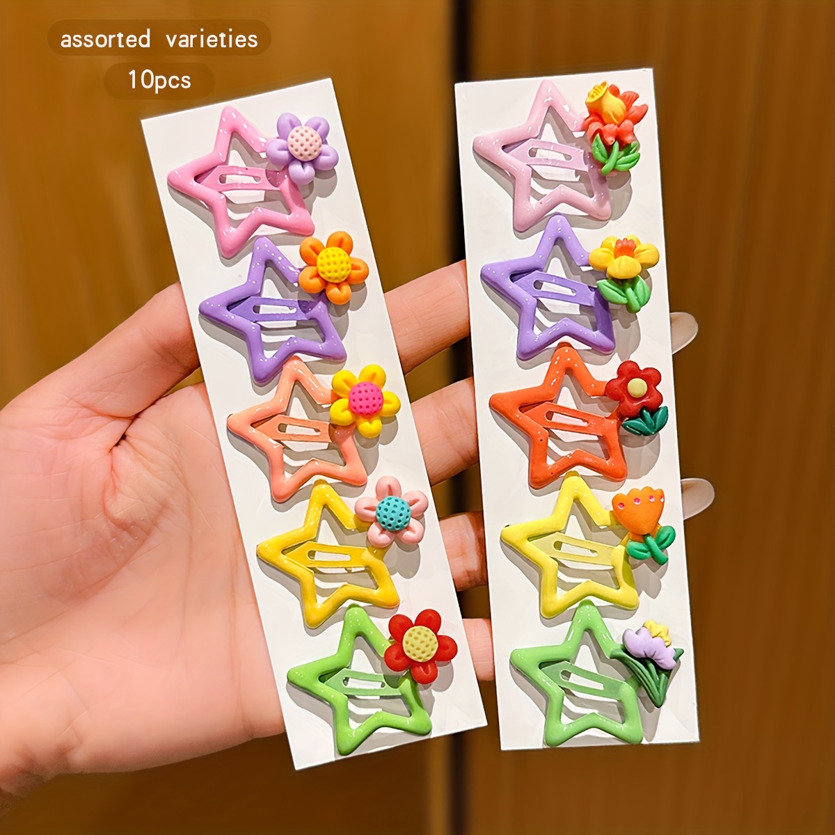 TEMU 10 Colorful Star Hair Clips With Cute Flower Designs, Perfect For Daily Use As Hair Accessories, Random