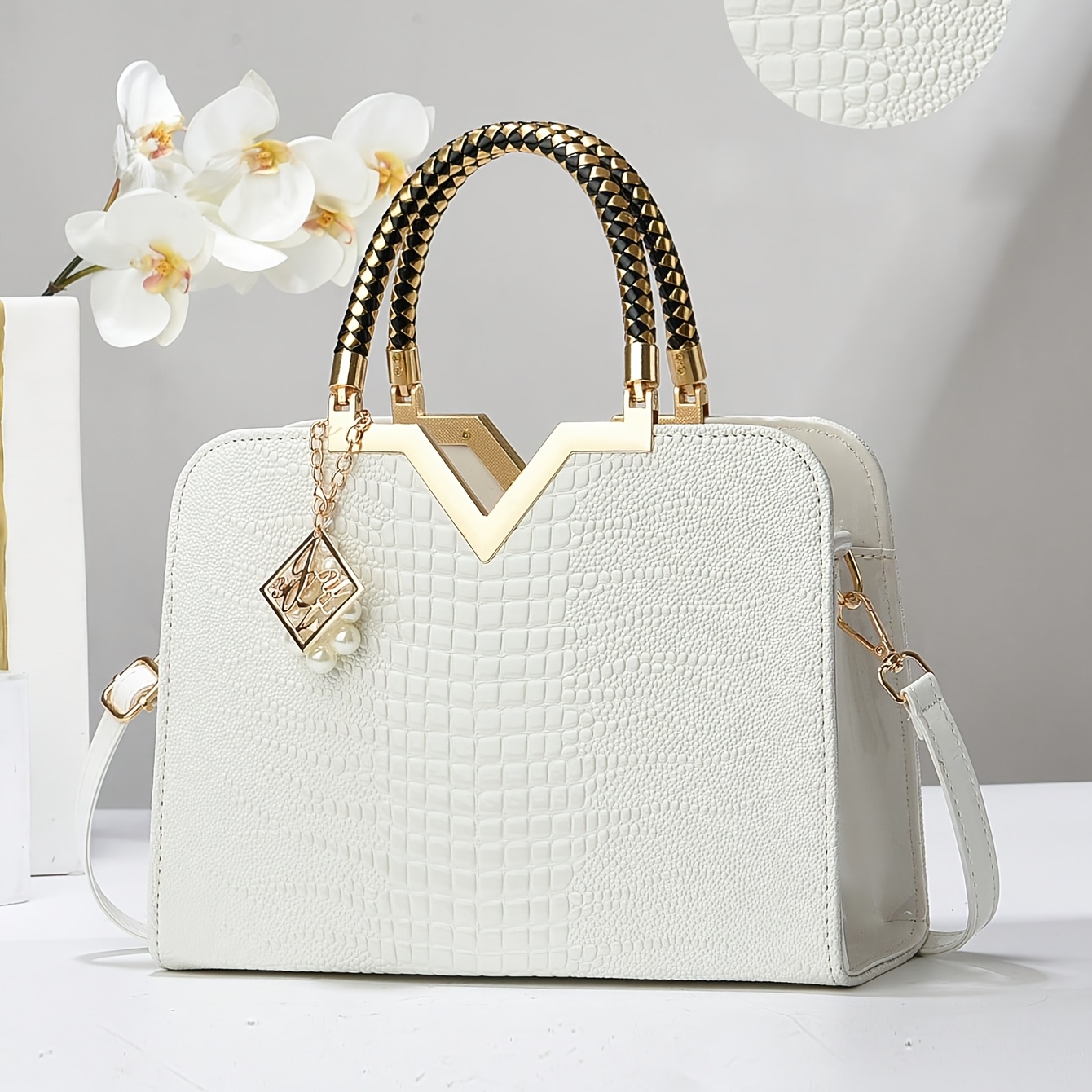 

Fashion Crocodile Pattern Solid Color Large Capacity Tote Bag, White Women's Handbag With Zipper Closure And Polyester