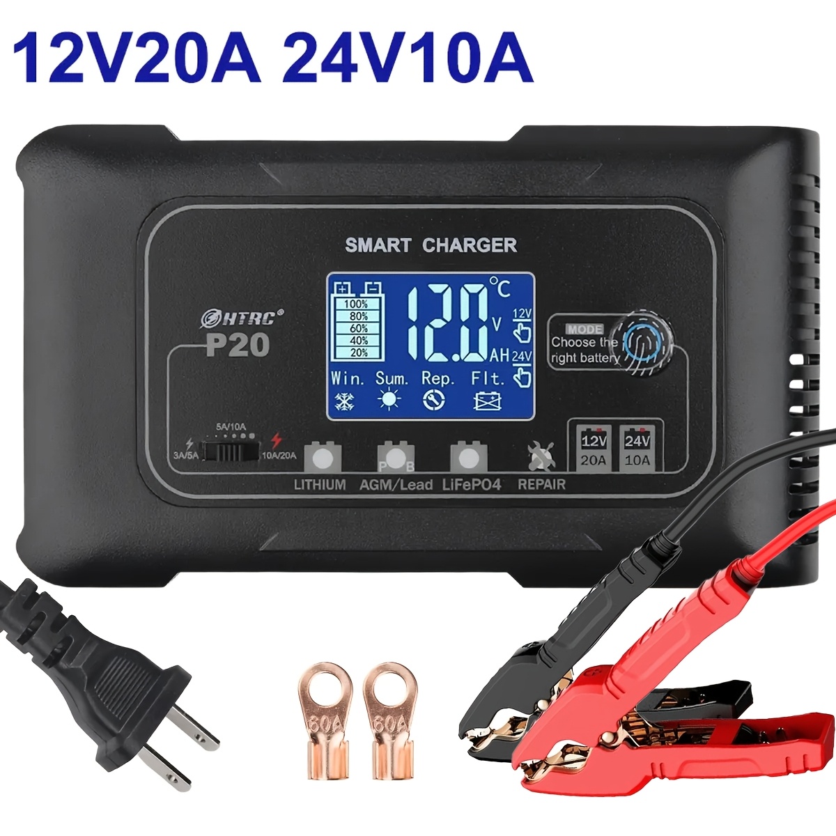 TEMU 20- Battery Charger, 12v/20a And 24v/10a. Lithium, Lifepo4, Lead-acid (agm/gel/sla) Car Battery Charger, Trickle Charger, Maintainer/ Repair