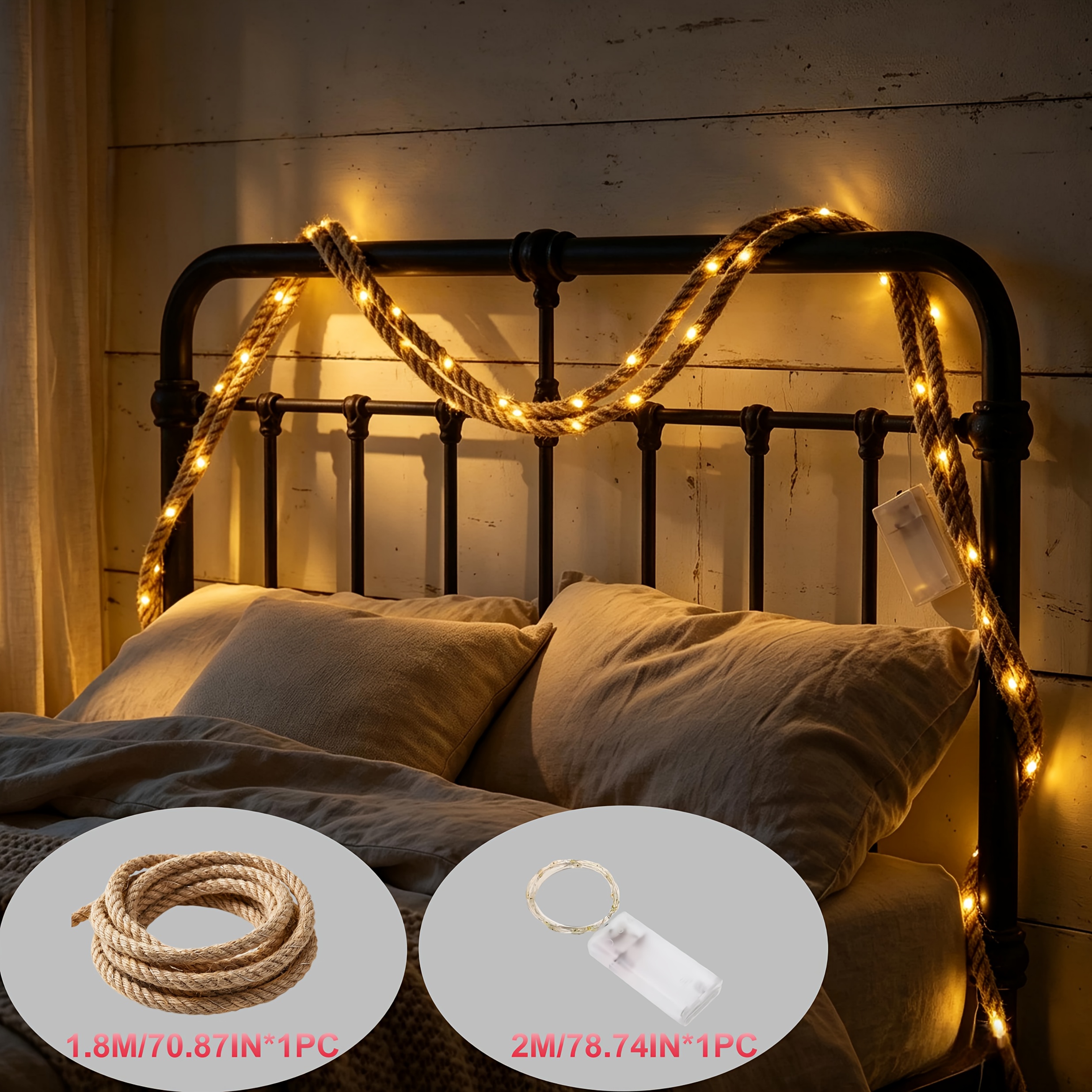 TEMU Hemp Rope   2m Led Decorative String Lights, Warm White String Lights Wrapped Around Hemp Rope, Providing A Soft And Eye-friendly Ambiance.