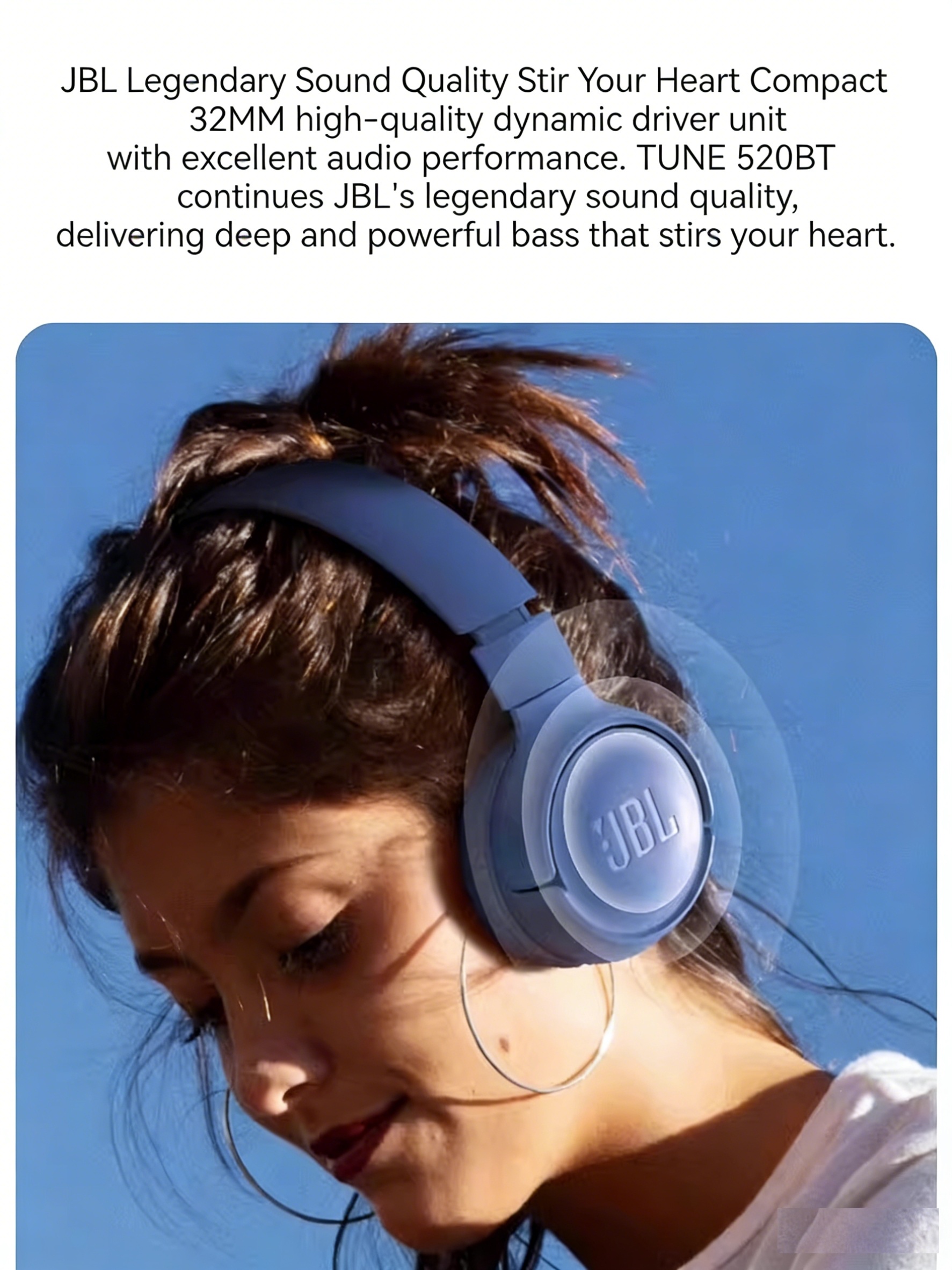 JBL Tune 520 BT, On-Ear Wireless Headphones, Pure Bass, 33Mm Dynamic Driver, Restoring Music Details, Call Noise Reduction, JBL APP, Multi-Scene, Suitable for Pop/Rock And Other Genres