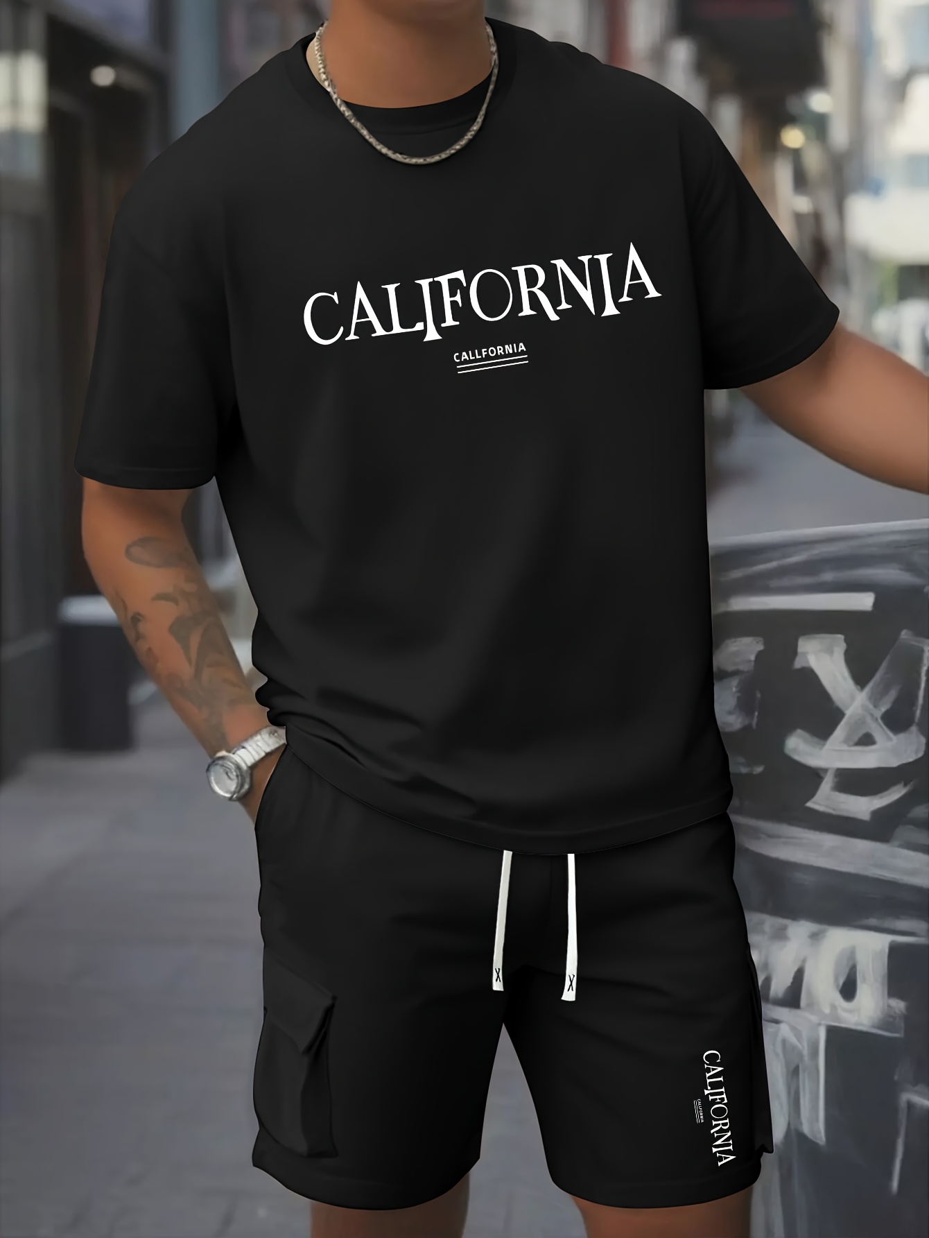 2pcs Set of Men's Comfortable Pure Cotton Round Neck T-shirt and Casual Work Shorts, Lightweight Summer Clothing
