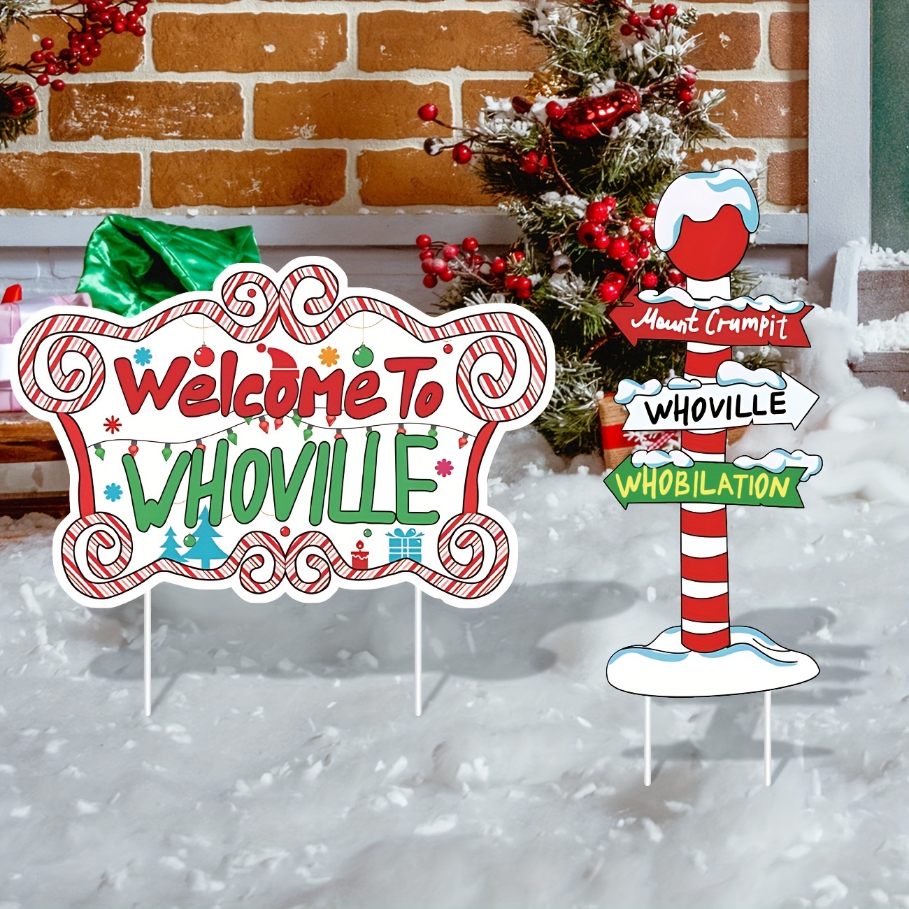 

[ ] 2pcs Whoville Signs - Christmas Stakes For Decor, Plastic & Ornaments, No Needed, For & Decoration, Christmas Decor