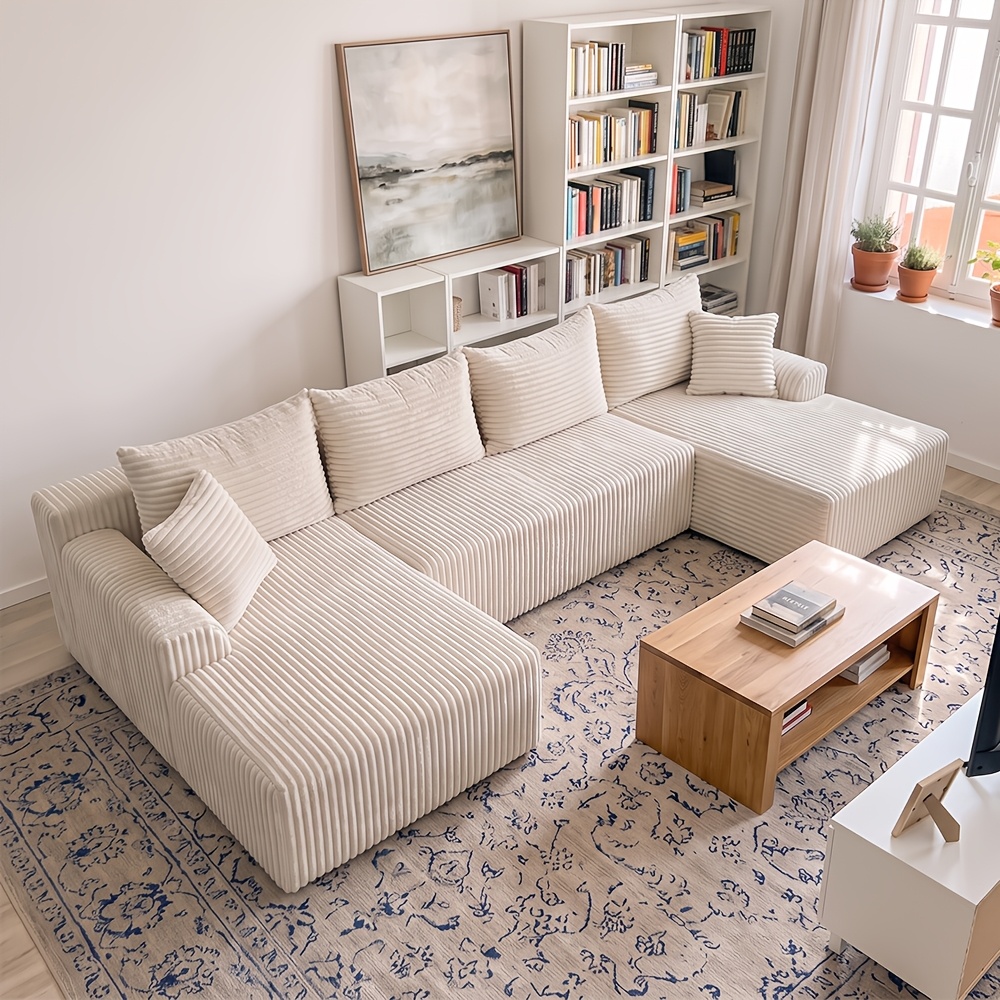 Image of U-shaped Corduroy Sectional Sofa Modular Corner Sofa With Foam Cushioning & Thick Striped Fabric - No Suitable For Living Room, Deep Seat Cloud Couch, Ergonomic, Suitable For Spaces, Furniture