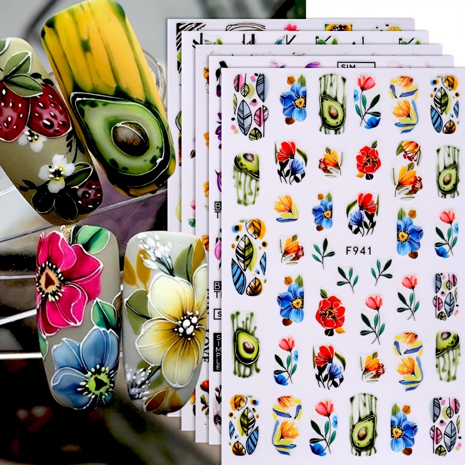 

5-piece Summer Floral & Fruit Nail Art Stickers - 3d Self-adhesive Tulip, Avocado, Pineapple Designs With Glitter Accents For Diy Manicure Decor