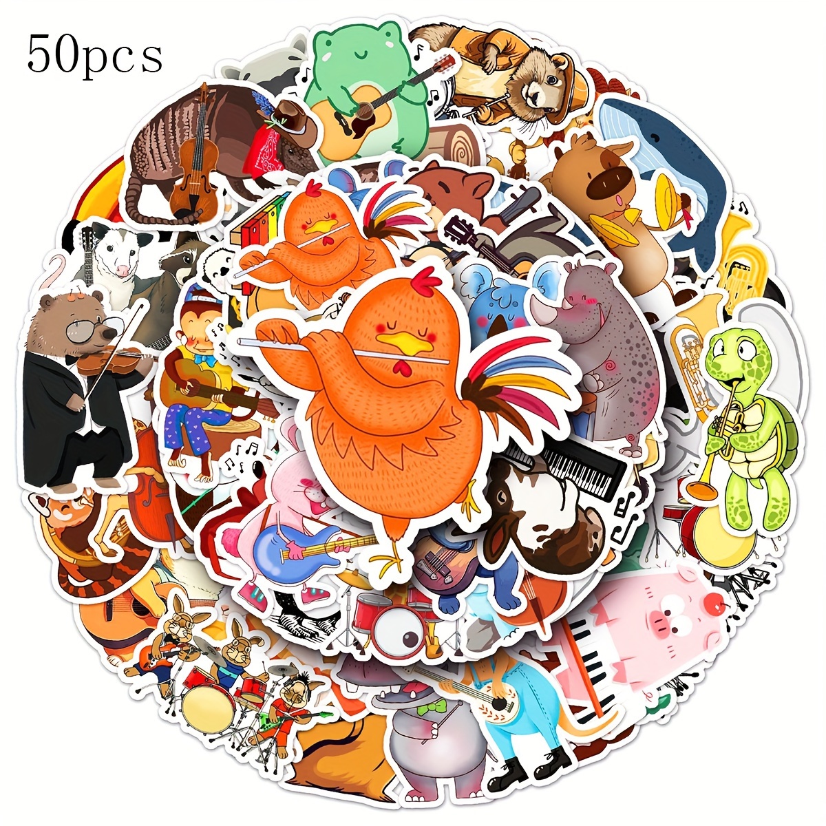 Pack Of 50 Musical Animal Stickers | Vibrant Graffiti Stickers For Scrapbooking, Journaling, Laptops, Bumpers, Skateboards, Water Bottles, Computers, Hard Hats, And