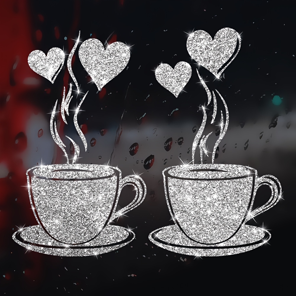 Image of 2 Coffee Cups With Heart-shaped Window Decals, Cup Window Glass Stickers. Suitable For Coffee Shops, Living Rooms, Dining Rooms, Tile Walls, Mirrors, Refrigerator Decorations, And Laptop Stickers