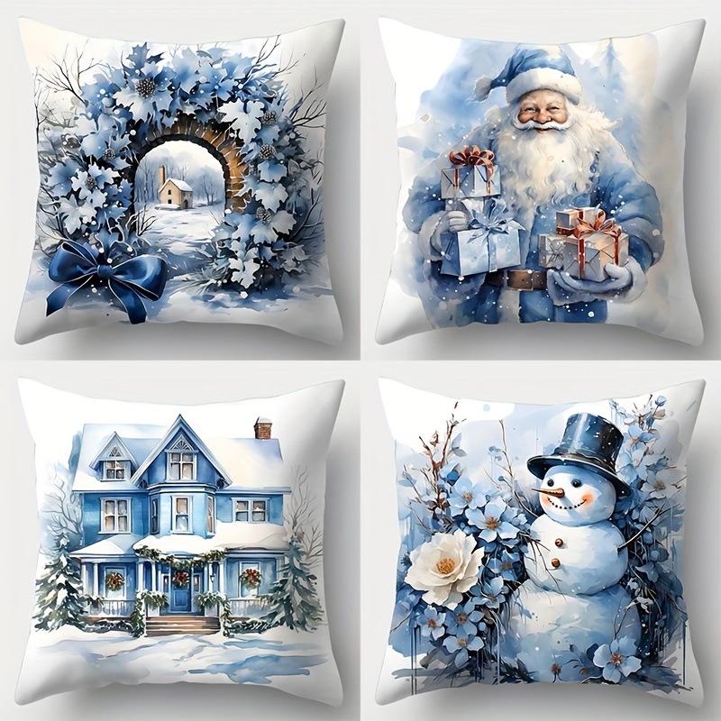 

4-piece Christmas Throw Pillow Covers - Santa Claus And Snowman Designs, 17.7" X 17.7", Single-sided Printing, Contemporary Style, Hand Wash Only, Zipper Closure, Suitable For Living Room Decor