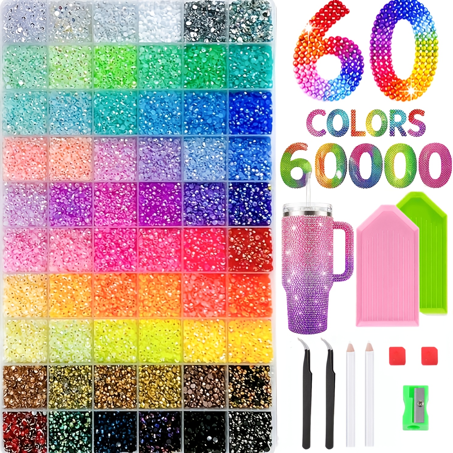 TEMU Lot de 60 000 strass en résine à dos plat, 60 couleurs, strass irisés gelée AB de 3 mm, inclut 2 pinces à épiler, 2 stylos applicateurs de