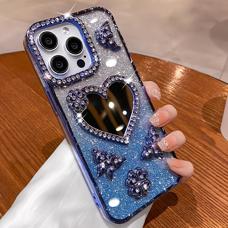 New Love Shape Glitter Mirror Phone Case for IP16 IP 16 Pro Max 15 Pro 14 PLUS 13 12 11 XS, Double Row Of Synthetic Diamonds Luxurious Glitter Feel with Lens Protection, Durable, Shockproof - Image 8