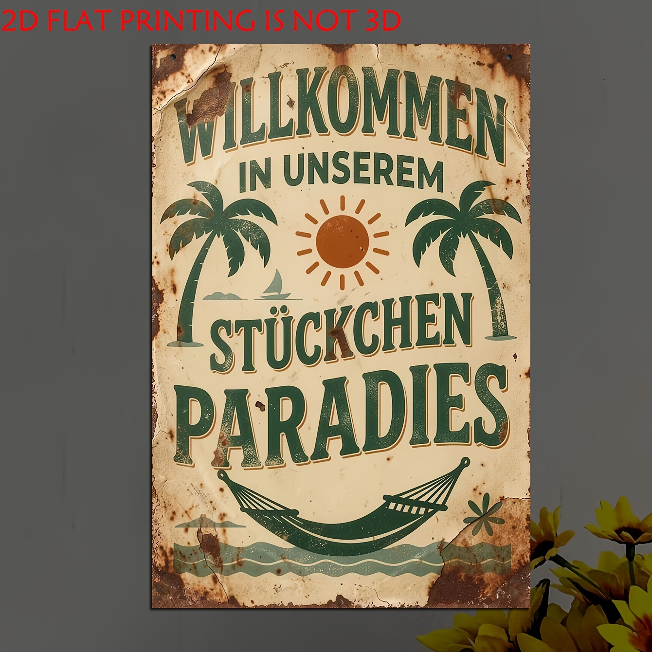 2d Flat, 1pcs Wooden Decorative Sign & Plaque, German Slogan Wall Sign, "welcome To ", Palm Tree Sun Hammock Design, Style Decoration, Suitable For Home Bar Cafe Pool Area