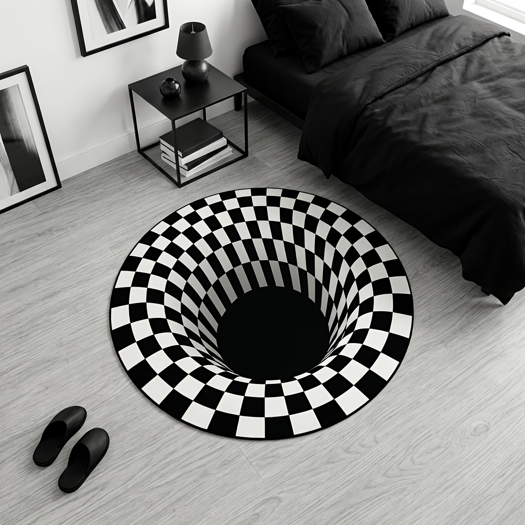 TEMU 2d Flat 1pc Black And White 3d Swirl Checkered Round Artistic Floor Mat Influencer Optical Illusion Deep Pit Creative Carpet Washable Home Decor