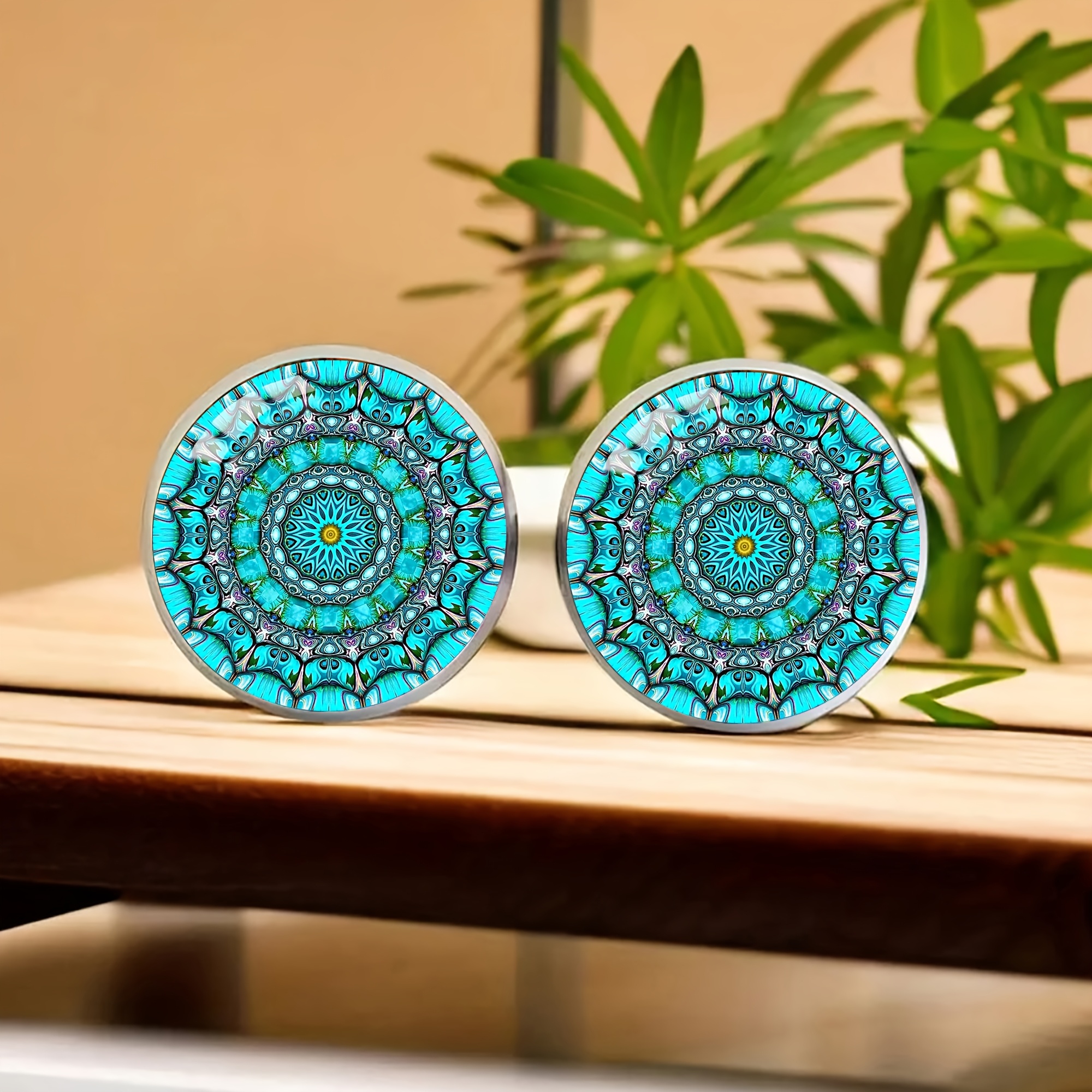 Image of 1 Pair Of Blue Mandala Stainless Steel Stud Earrings, Classic And Elegant Jewelry For Men And Women, Suitable For Vacations, Banquets, And As Birthday Gifts