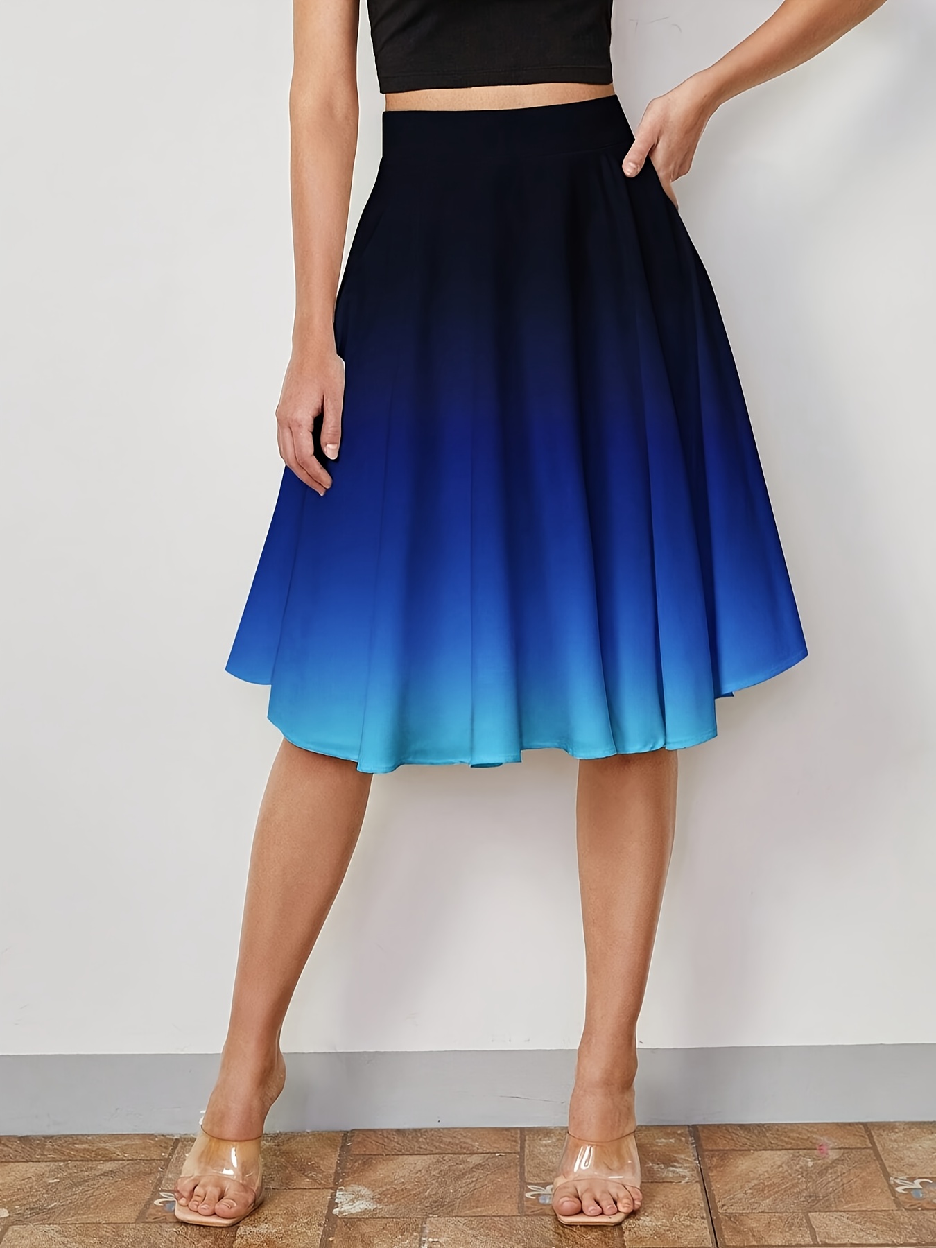 women's blue gradient a line skirt high waist pleated summer