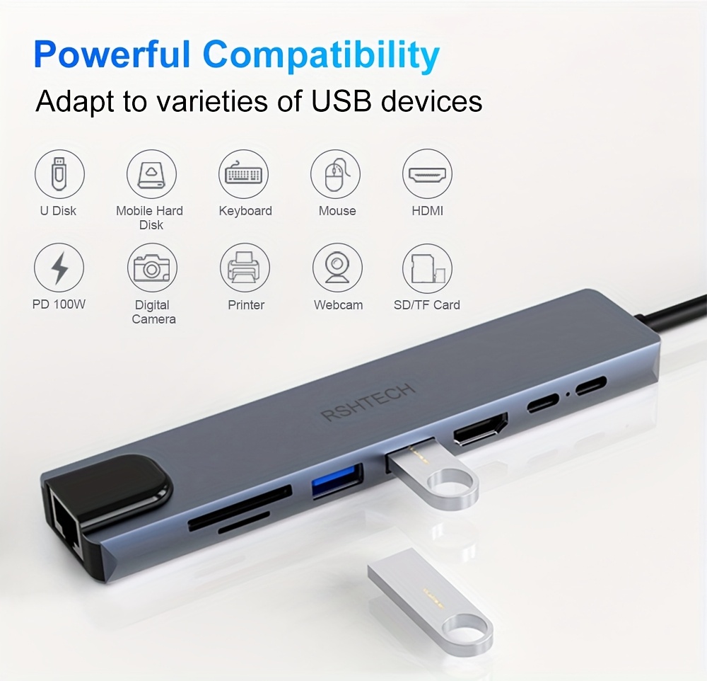 RSHTECH 8-in-1 Type C HUB Adapter - 4K HDTV, USB 3.0 5Gbps High-Speed Data Transmission, SD/TF Card Reader, RJ45 Ethernet, PD 100W USB C Docking Station for Mobile Hard Disk, Keyboard, Mouse, Digital Camera, Printer, Webcam, SD/TF Card