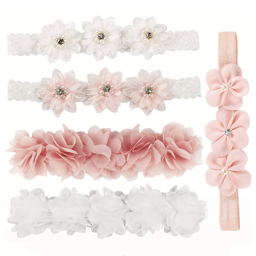 5pcs Set Of Cute Flower Headbands, Pink And White Elastic Hair Accessory Set