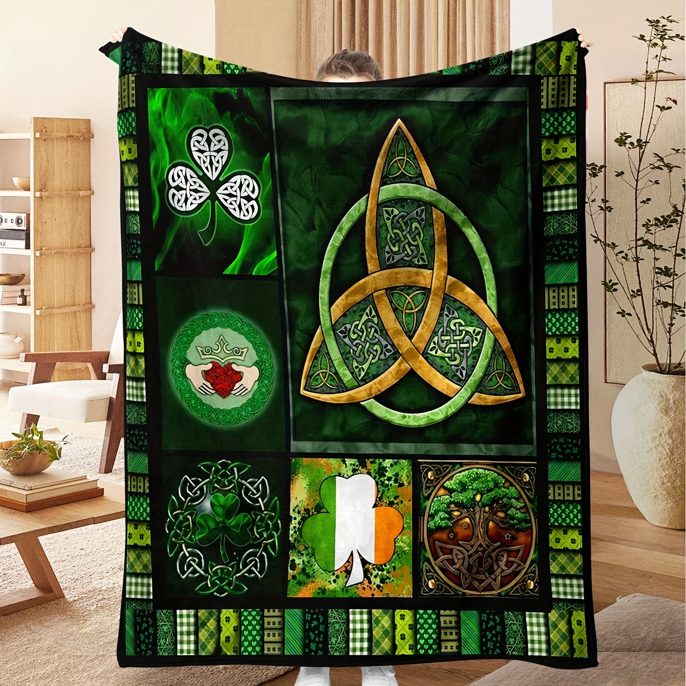 

1pc Soft Flannel Fleece Blanket, Contemporary Celtic Design With Triquetra And Clover, Seasonal Comfort Throw, Green And Black, For Home Gift