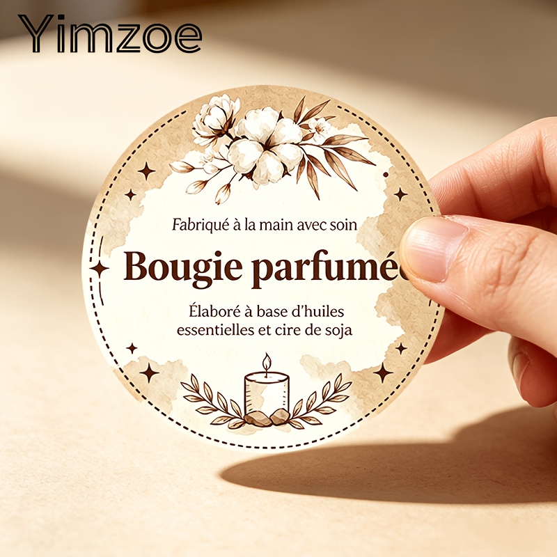 TEMU Autocollants ronds Yimzoe - Art de bougie florale vintage avec français, convient pour autocollants de de pot de bougie en cire de soja,