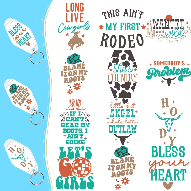 

36pcs Western Cowboy-themed Uv Dtf Sticker Set - Pvc, Waterproof Keychain Tags With Vibrant Phrases & Cowhide Designs For Acrylic Keychains, Cowboy Accessories