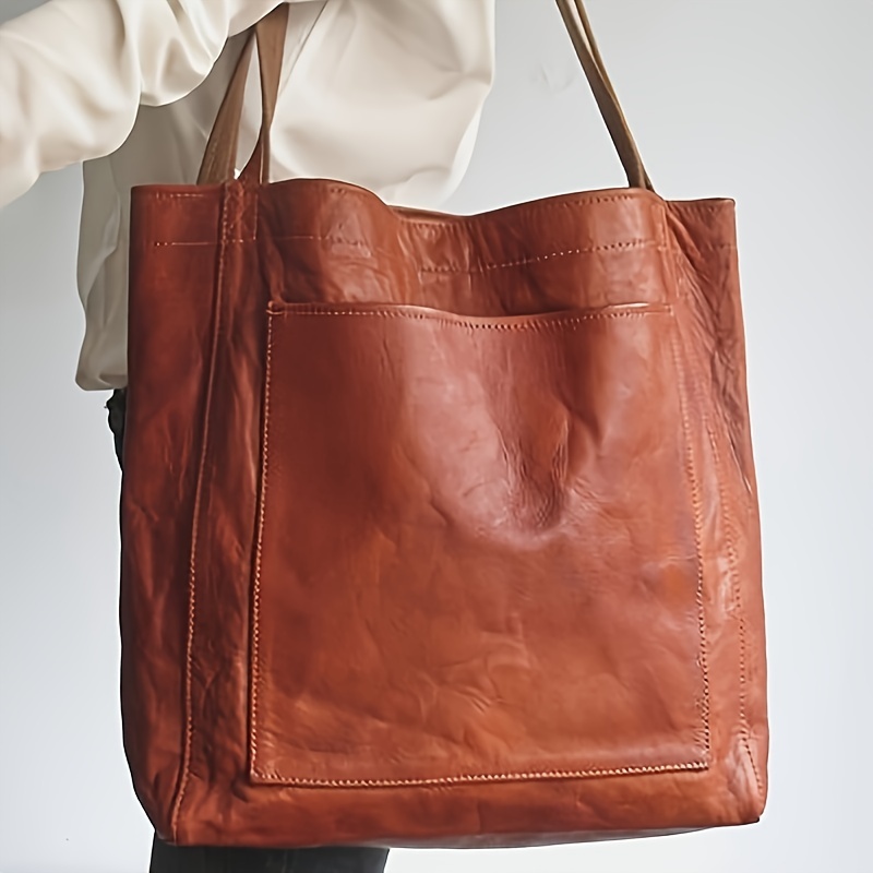 

Large Capacity Tote Bag, Vintage Style Faux Leather Shoulder Bag, Stylish Carryall For Everyday Use