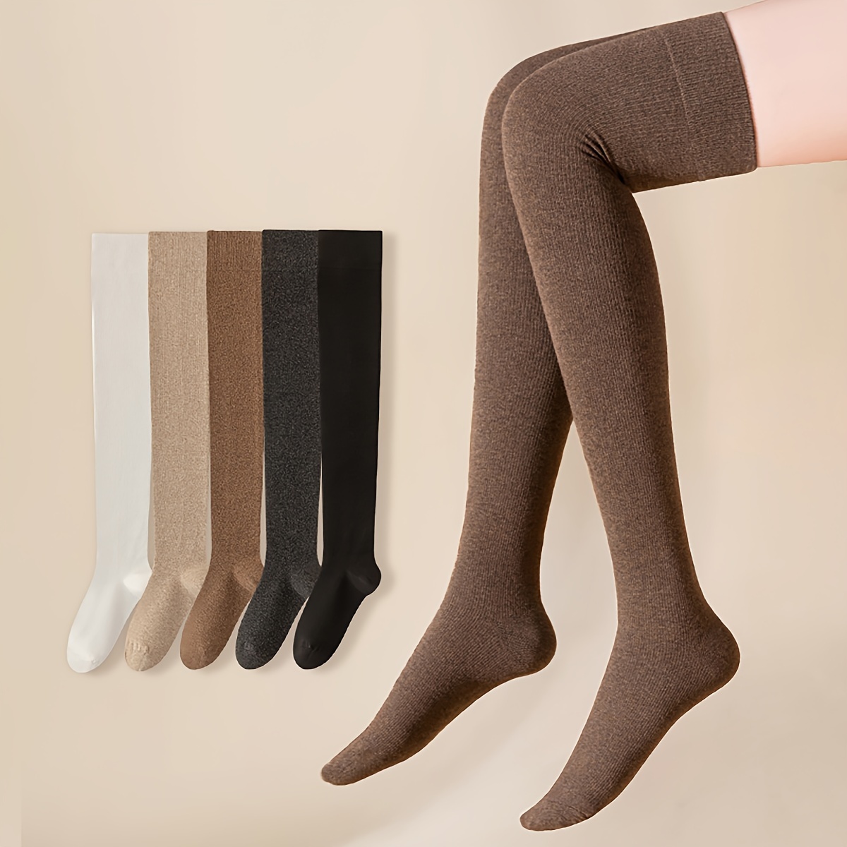 

2/5 Pairs Solid Thigh High Socks For Fall & Winter, Comfy Breathable All-match Over The Knee Socks, Women's Stockings & Hosiery