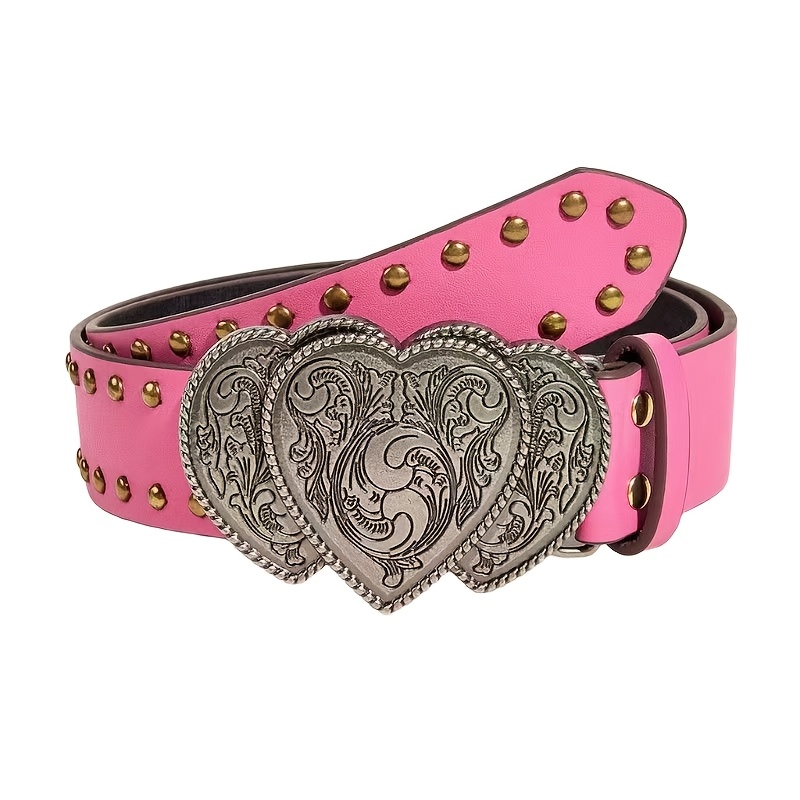TEMU 1pc Vintage Carved Women's Belt, Heart And Rivet Style Party Sexy Street Elegant Double Western Style Wide Belt, Suitable For