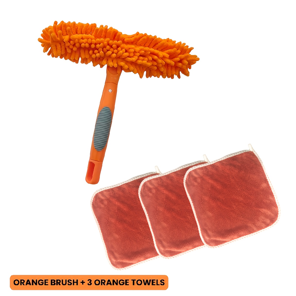 4-piece Car & Home Cleaning Kit: 2-in-1 Dual-sided Brush (chenille + Silicone) + 3 Absorbent Towels - Scratch-safe For Glass, Tiles, Auto Surfaces, Streak-free