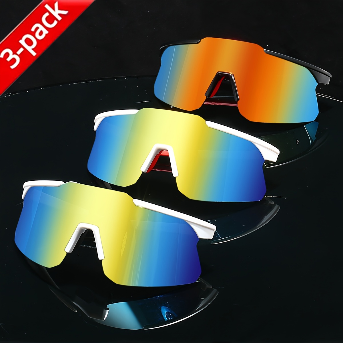 

3 Pcs Sports Glasses For Men And Women, Mirrored Lens, Racing Cycling Glasses, Multicolor