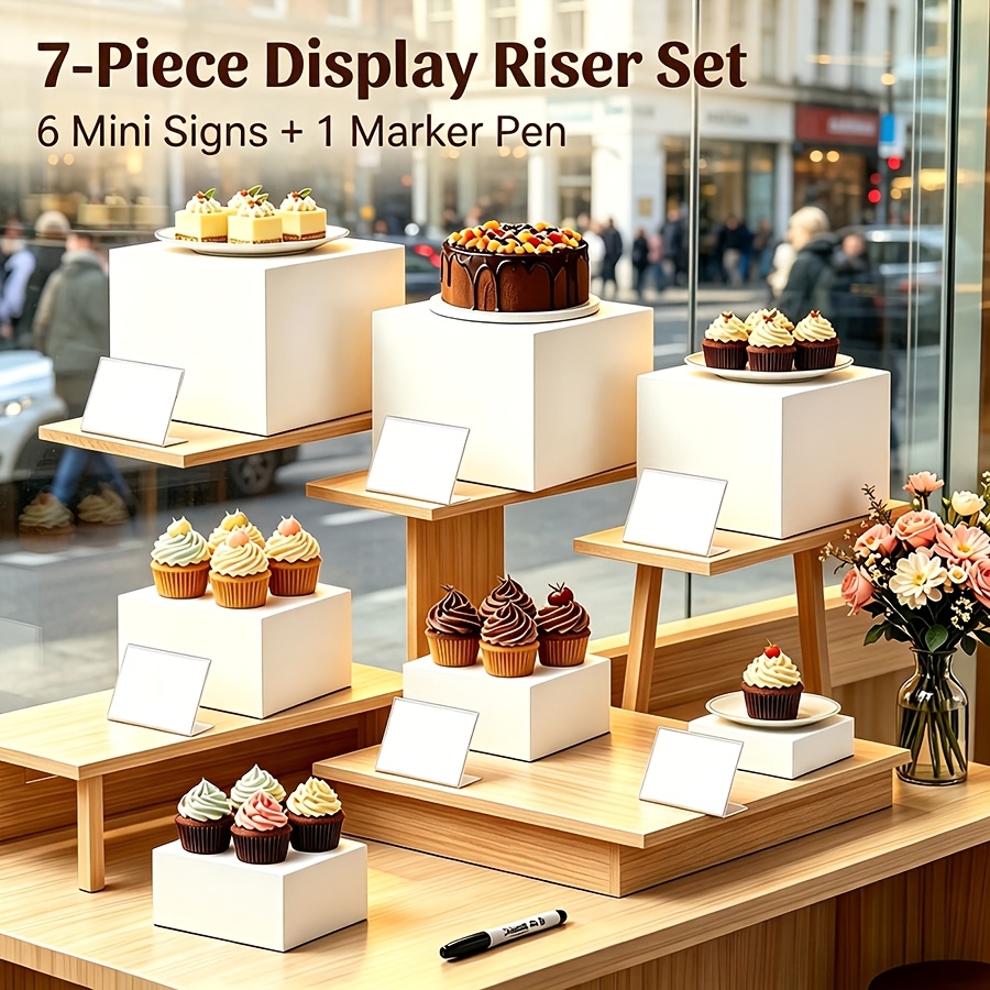 TEMU 7pcs Hollow Bottom Dessert Tray Set (7 White Acrylic Five-sided Cube Dessert Display Stands + 6 Mini Labels And 1 Marker), Suitable For Buffets,