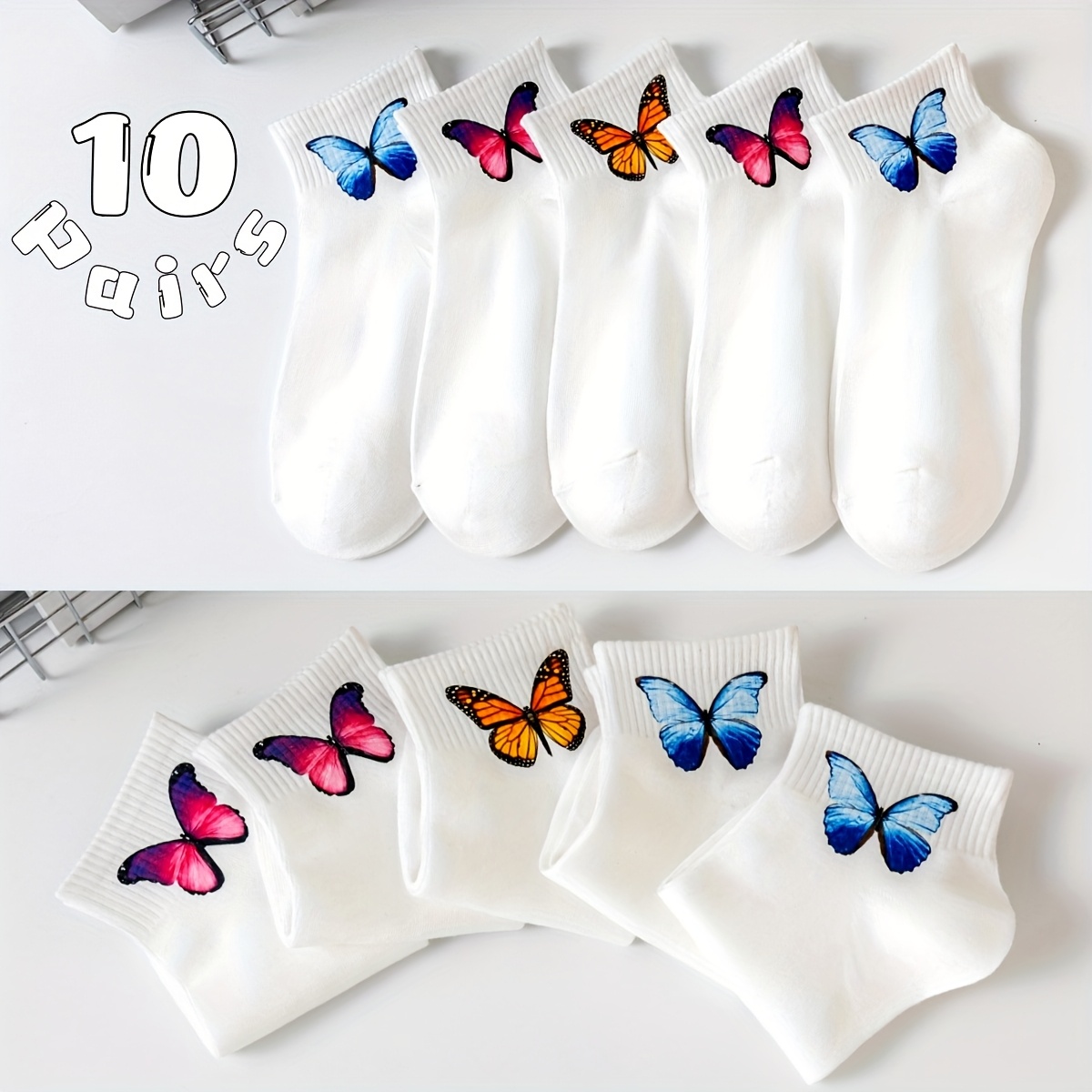 E-shop 5, 10 Paar weiße Sportsocken für Mädchen, einfarbige romantische Schmetterlings-Sportsocken für junge Mädchen Damen, Jugendsocken, modische