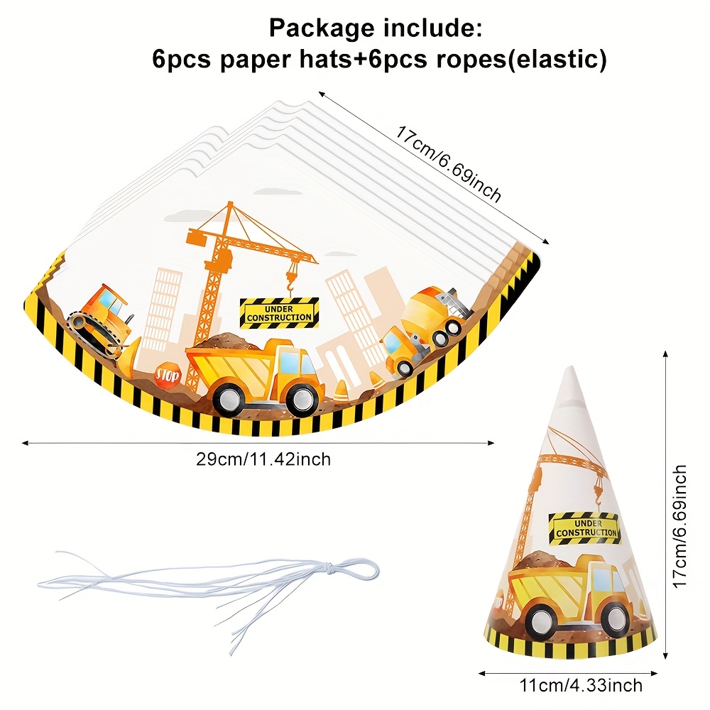 6pcs Architecture Theme Pattern Birthday Hats, Yellow Excavator Pattern Paper Party Hats, Decoration Supplies