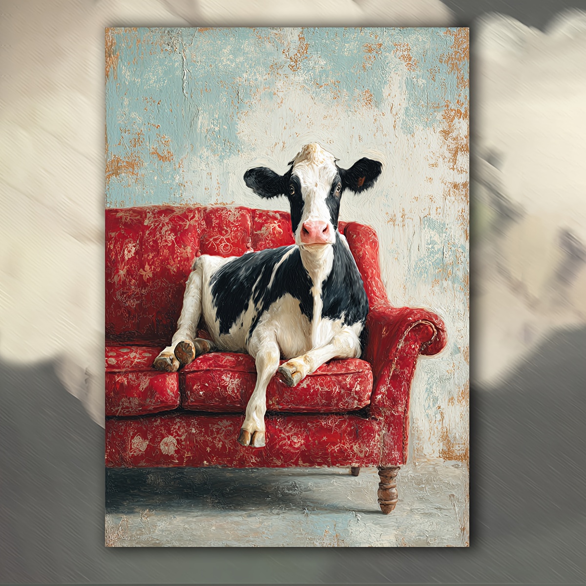 TEMU 2d Flat, 1pc Handcrafted Vintage Cow On Sofa Frameless Canvas Painting - Rustic Farmhouse Wall Art Suitable For Room Decor, Cow Picture For