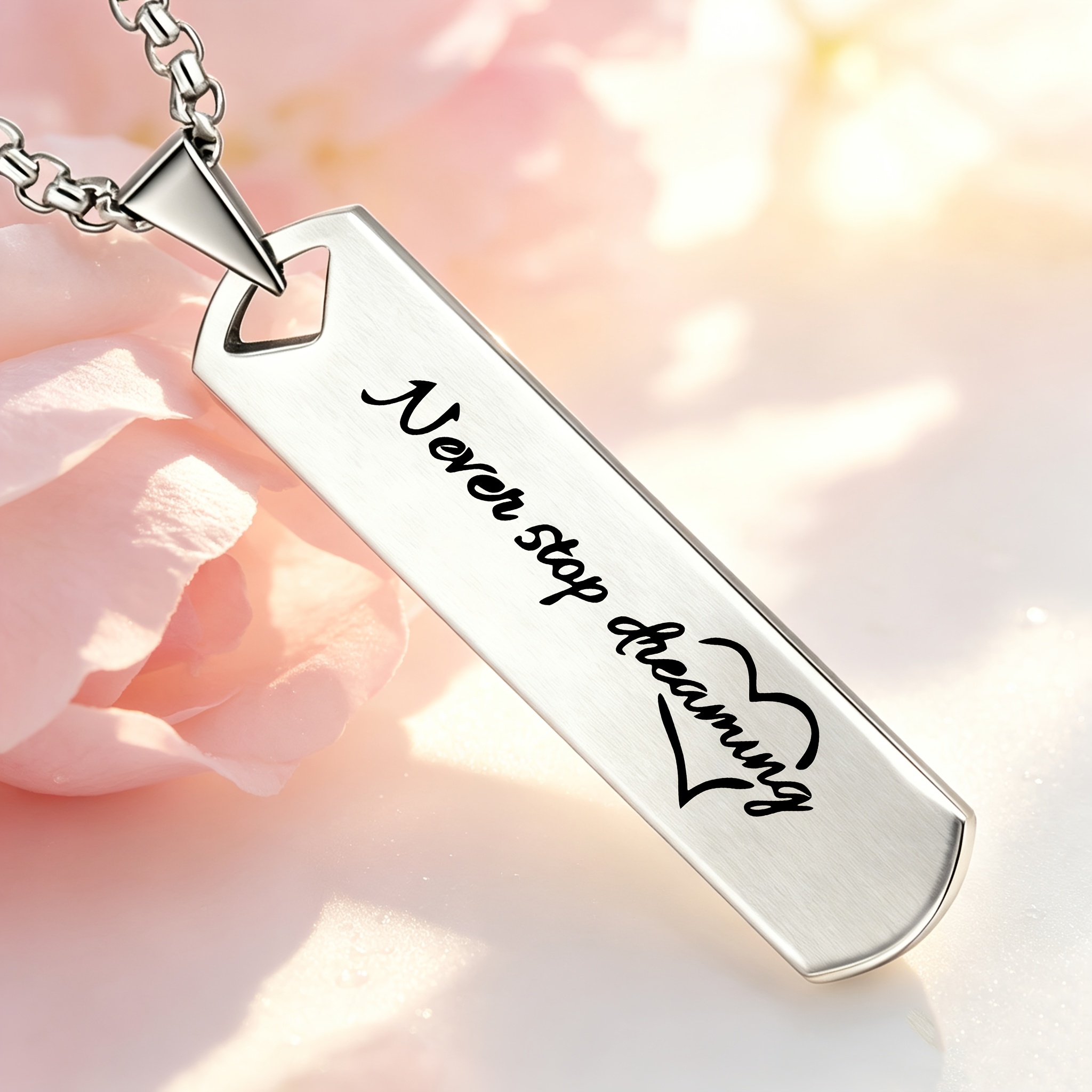 "Never Stop Dreaming" Inspirational Cursive Pendant Necklace