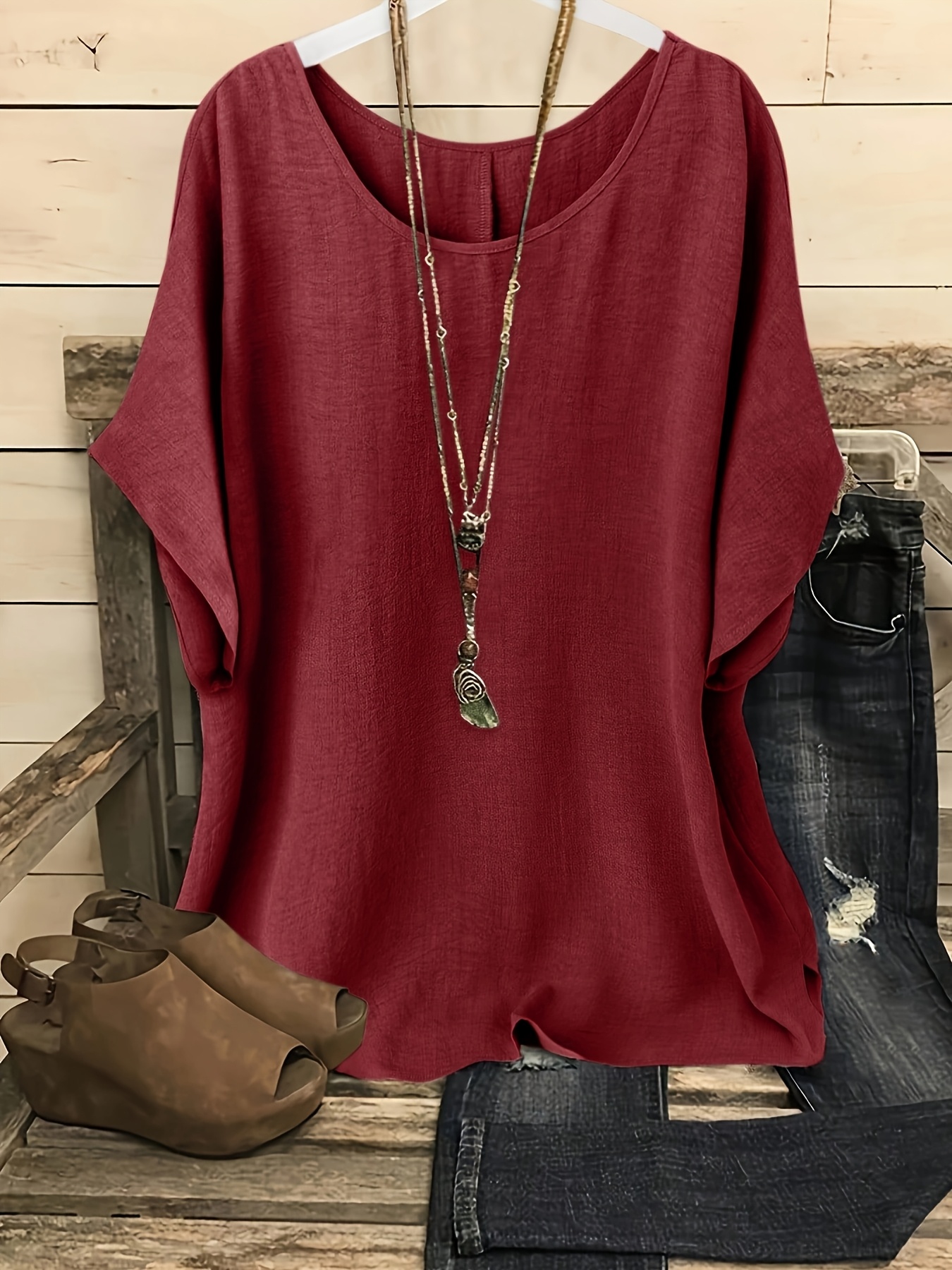 Plus Size, Plus Size Women's Casual Summer Batwing Sleeve Blouse - Olive Green Solid Color Round Neck Short Sleeve Shirt, Machine Washable & Dry Cleanable, Elegance Collection