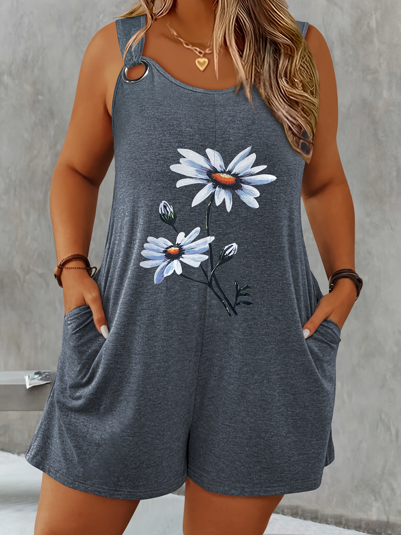 womens floral print sleeveless jumpsuit   with round neck side pockets   stretch fabric   machine washable plus size outfit clothes for ladies casual attire stylish romper breathable material romper outfit  