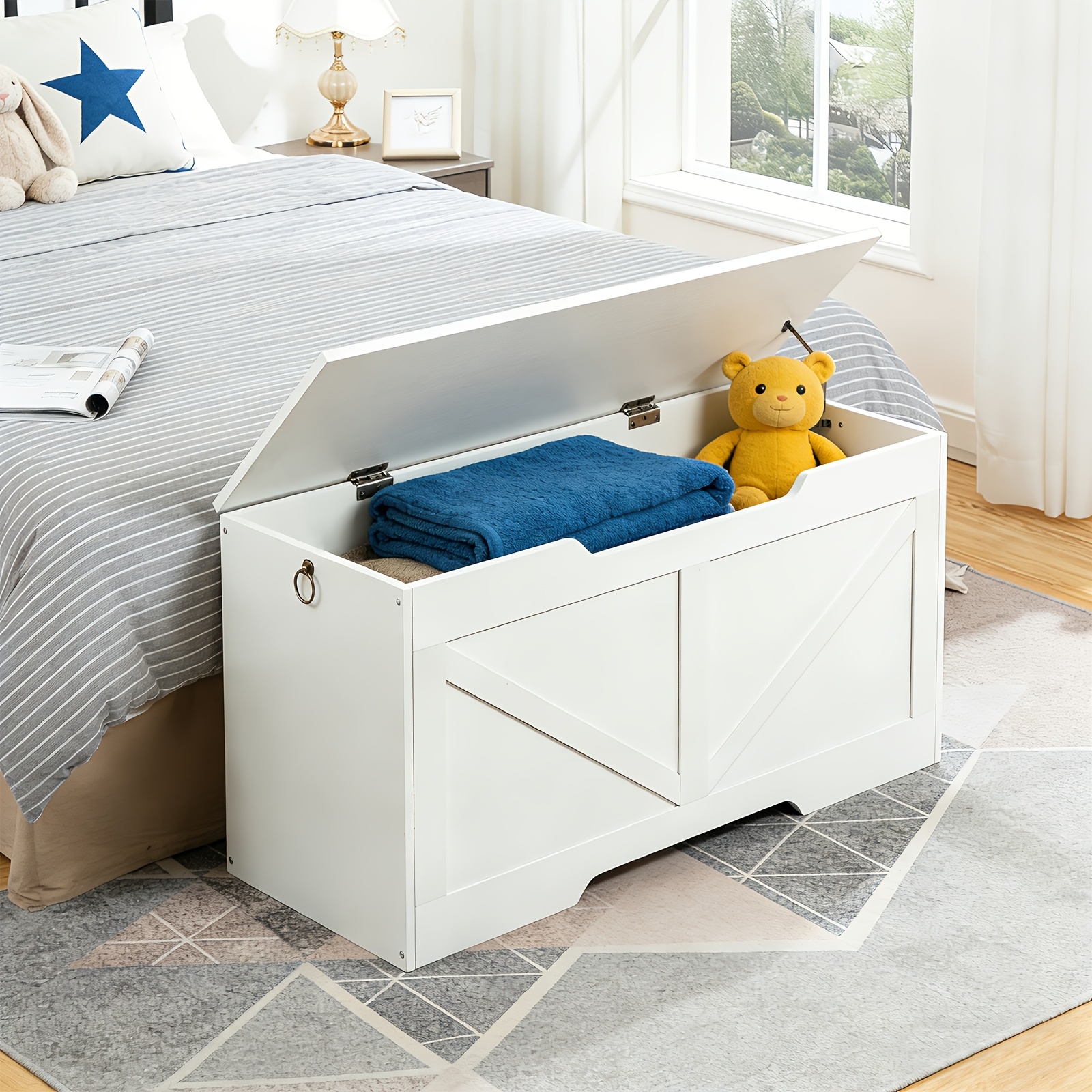 TEMU Large Capacity Storage Box 100cm With Lid Sealed And Double Ring Handle, Sturdy And Stable Storage Bench, Bedroom, Entrance, , Living Room