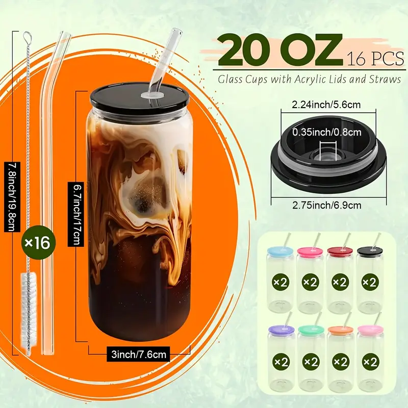 20 oz glass cups with acrylic lids and straws 16 pcs can shaped glass iced coffee cups with lids drinking jar glasses cute tumbler cup great for smoothie soda boba tea cocktail beer gift Product details 14