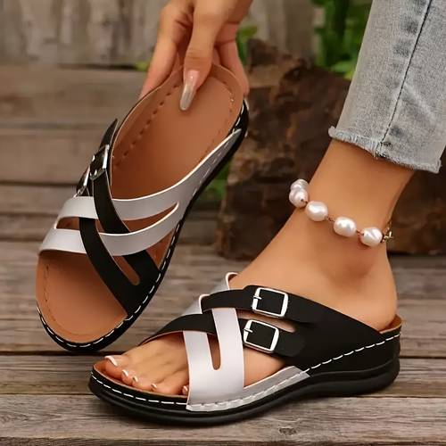 ladies wedge sandals cross color synthetic strap flip flops fish mouth shape breathable and comfortable suitable for beach home and travel