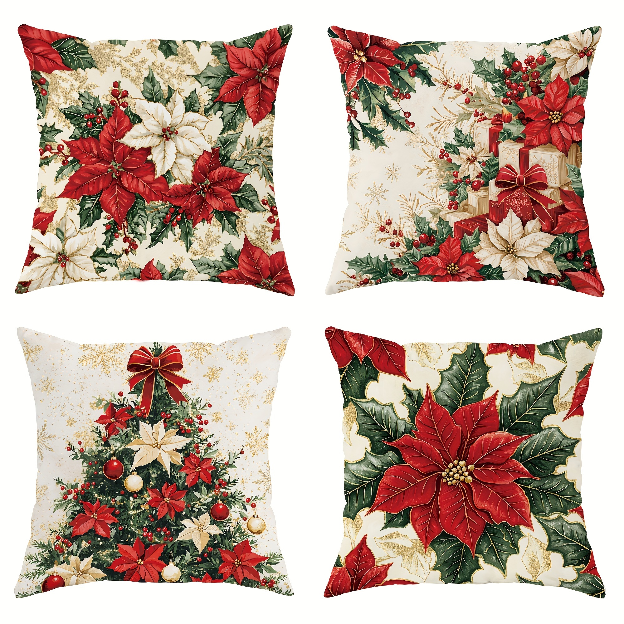 

4pcs, Vintage Christmas Throw Pillow Covers Floral And 16x16 18x18 20x20 Inch Soft Decorative Zippered Pillowcases For Sofa And Living Room Machine Washable Polyester (single Sided, No Pillow )