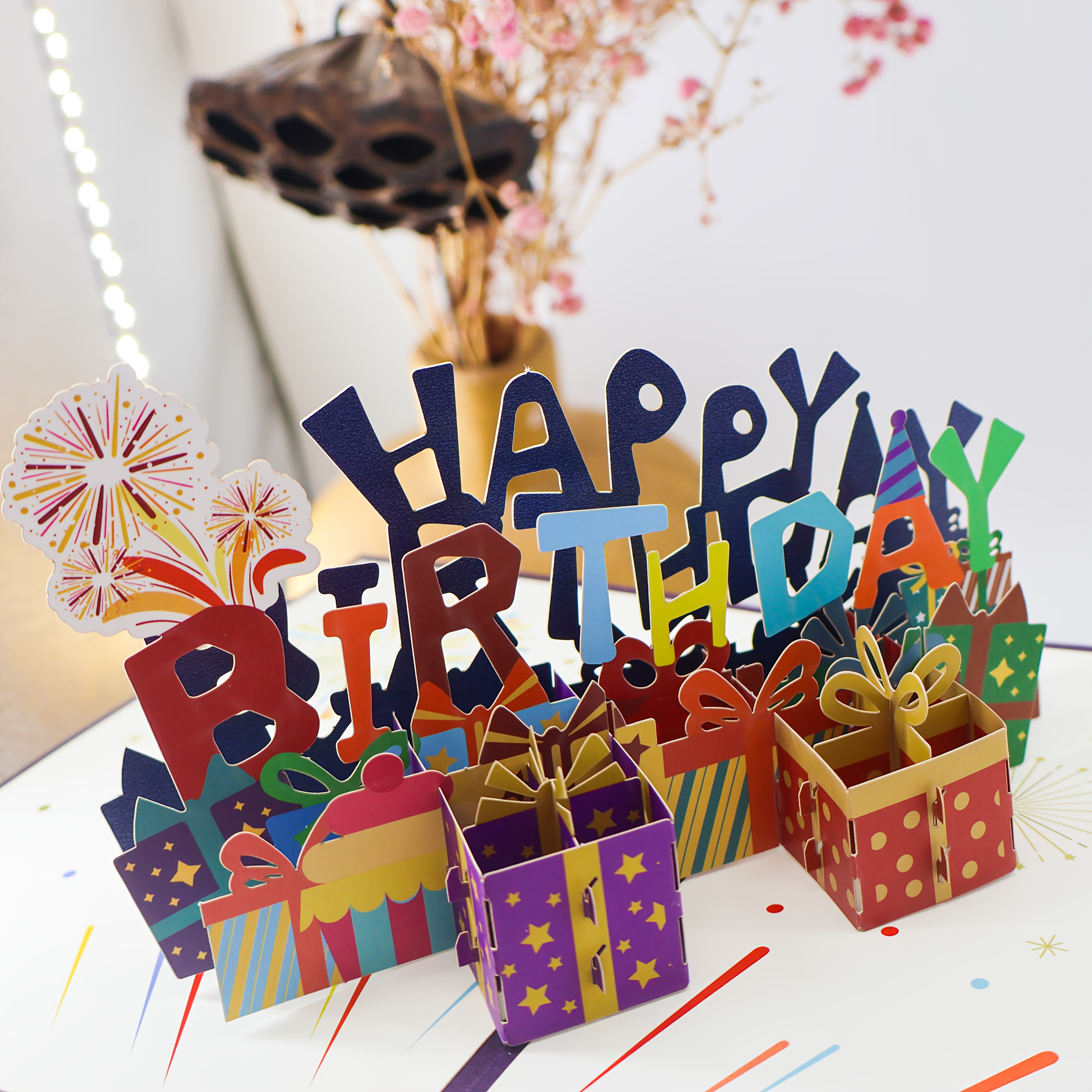 TEMU 3d Happy Birthday Pop Up Greeting Card With Colorful Monogrammed Gift Box Pyrotechnic Elements For Birthday Occasions For Family, , Teenagers,