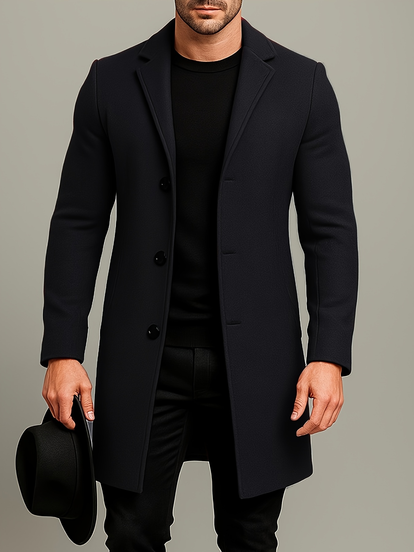 mens   length single breasted tweed overcoat mens solid color trench coat Product details 36